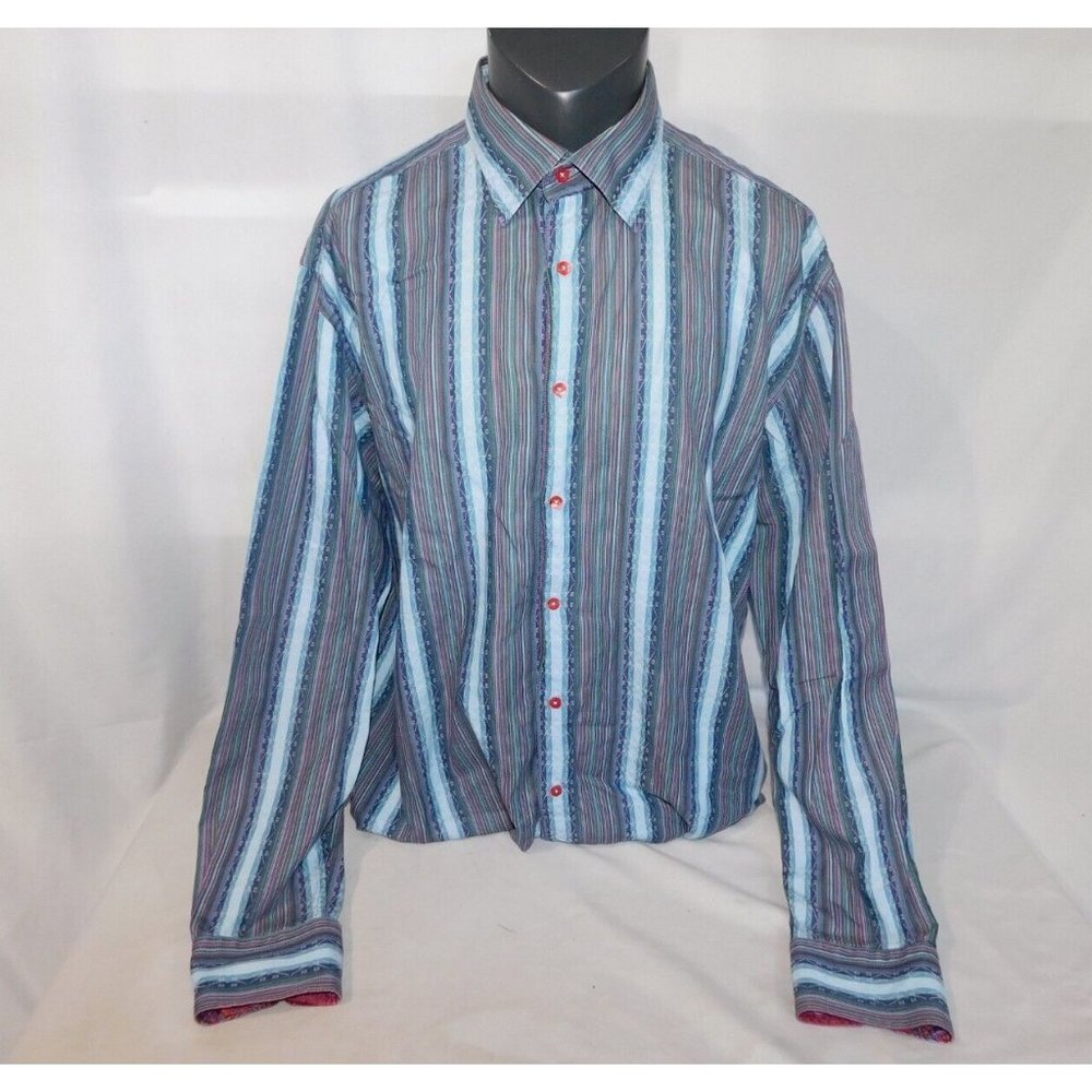 Luchiano Visconti Black Mens 2XL Blue Striped Button Up LS Shirt Flip Cuff